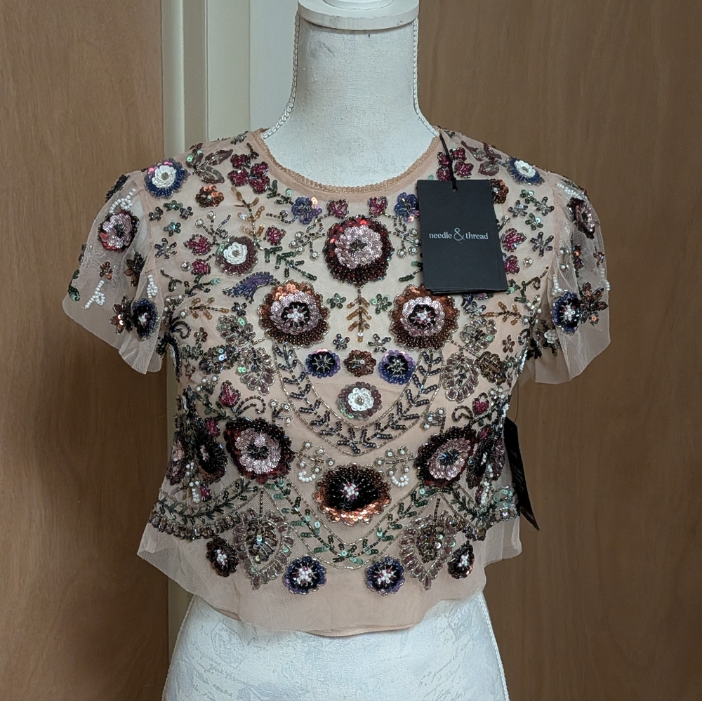 Needle & Thread Embellished Beaded Crop Top Nude Floral Sequin Mesh UK 8 US 4 NW